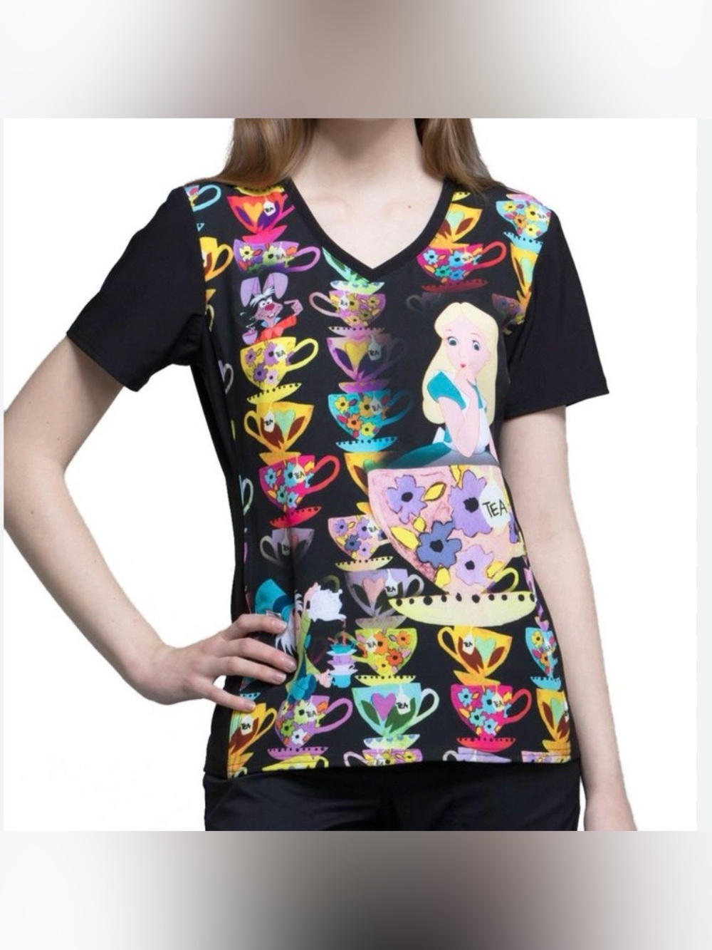 NWT Cherokee Tooniforms Disney Alice Tea Time V-Neck Scrub Top Size XL